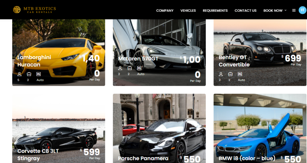 an attractive website for an exotic car rental business